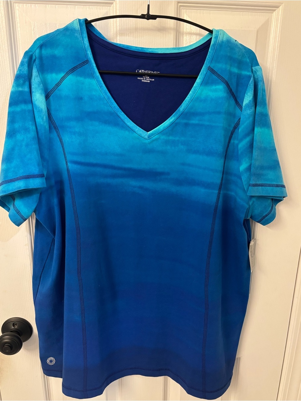 Catherines Blue Ombre V-Neck Active Tee. Plus Size 14W-16W. 0X